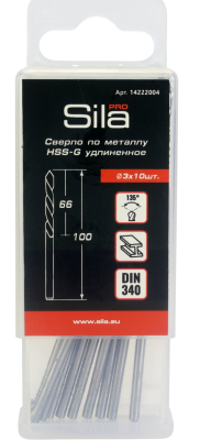 Сверло по металлу профессиональное НSS-G DIN 340 удлиненное 3,0х66х100мм (1 уп-10 шт), Sila